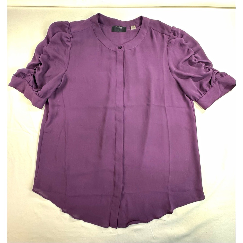 Tahari Women's Purple Solid Crew Neck Puff Sleeve Button Front Blouse, Size M